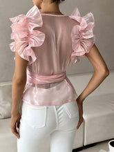 Ruffle Trim Belted Wrap Knot Side Blouse